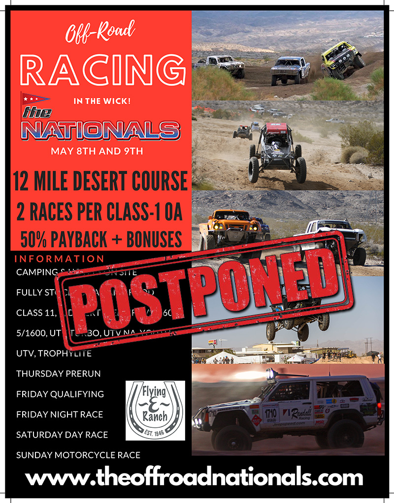 We are sad to announce the Off-road Nationals have been postponed due to the COVID-19 pandemic. We are still looking forward to our 3rd race of the season in Caliente, Nevada, the SNORE Skull Rush ‘250’ on May 29 – 30.